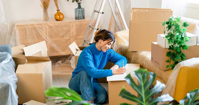 Mujer sentada en una habitación con muebles envueltos, cajas, escalera y plantas, escribiendo una lista, ilustrando las ventajas de alquilar un mini almacé