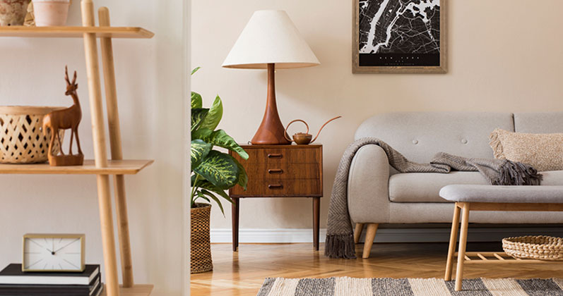 Salón organizado con muebles estilo art déco, sofá, mesa auxiliar con lámpara, estantería, plantas y alfombra, ejemplo de métodos de organización en casa