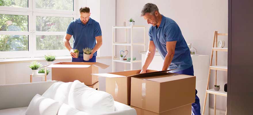 Dos profesionales de mudanzas embalando cajas en un salón luminoso, preparando una mudanza en España.