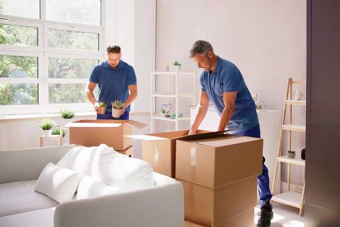 Professional removals team packing a modern living room into boxes.